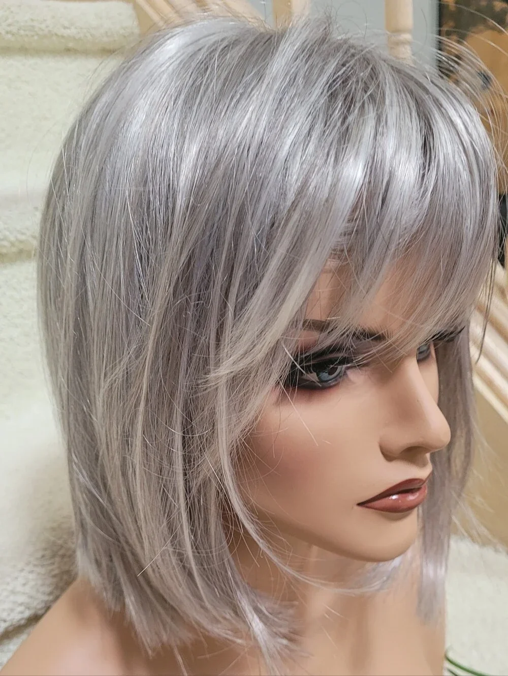Silver Short Layered Wig with Bangs - Women Hair Smoke & Pet Free Home